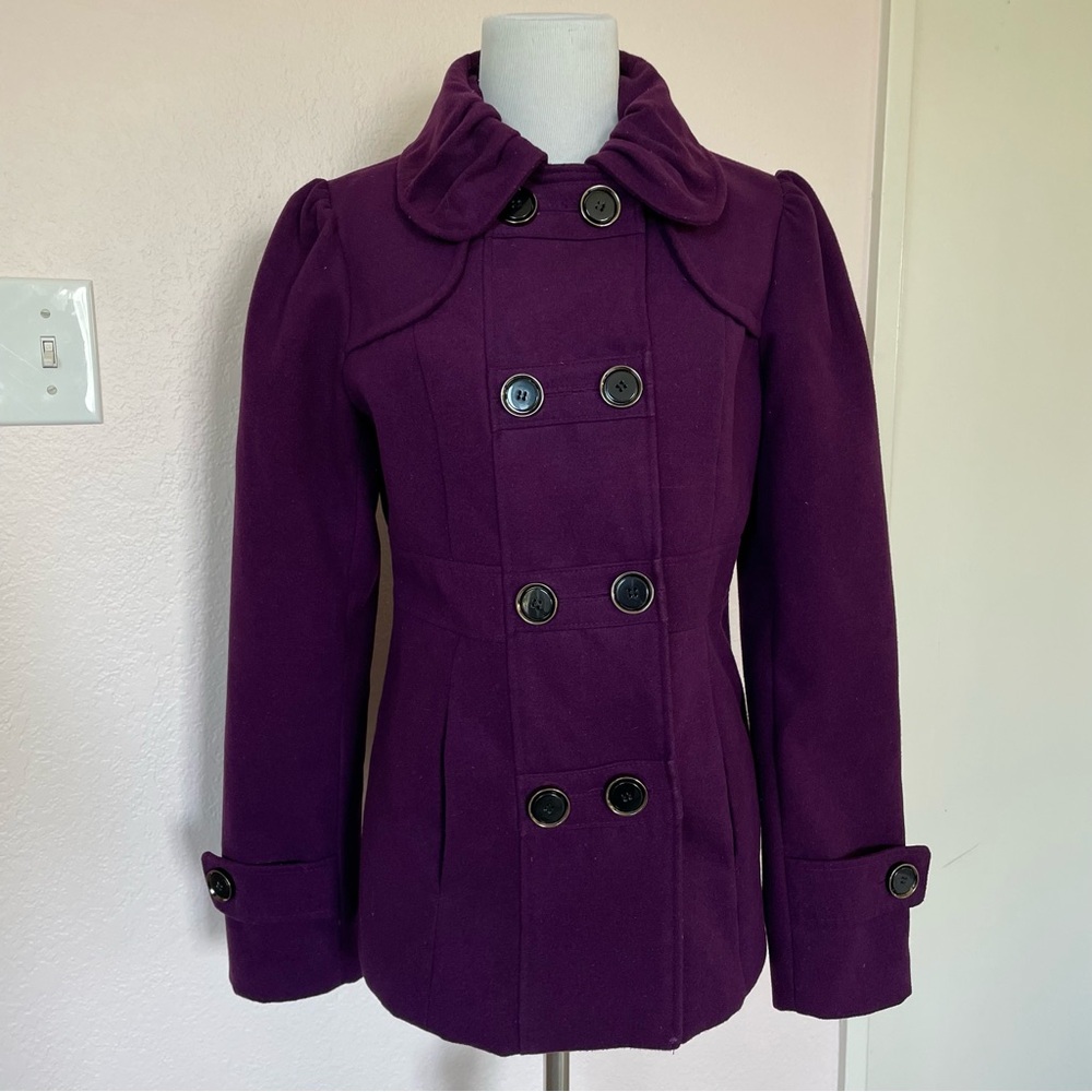 Hydraulic Purple Plum Double-Breasted Wool Blend Pea Coat w/ Rounded Collar Med